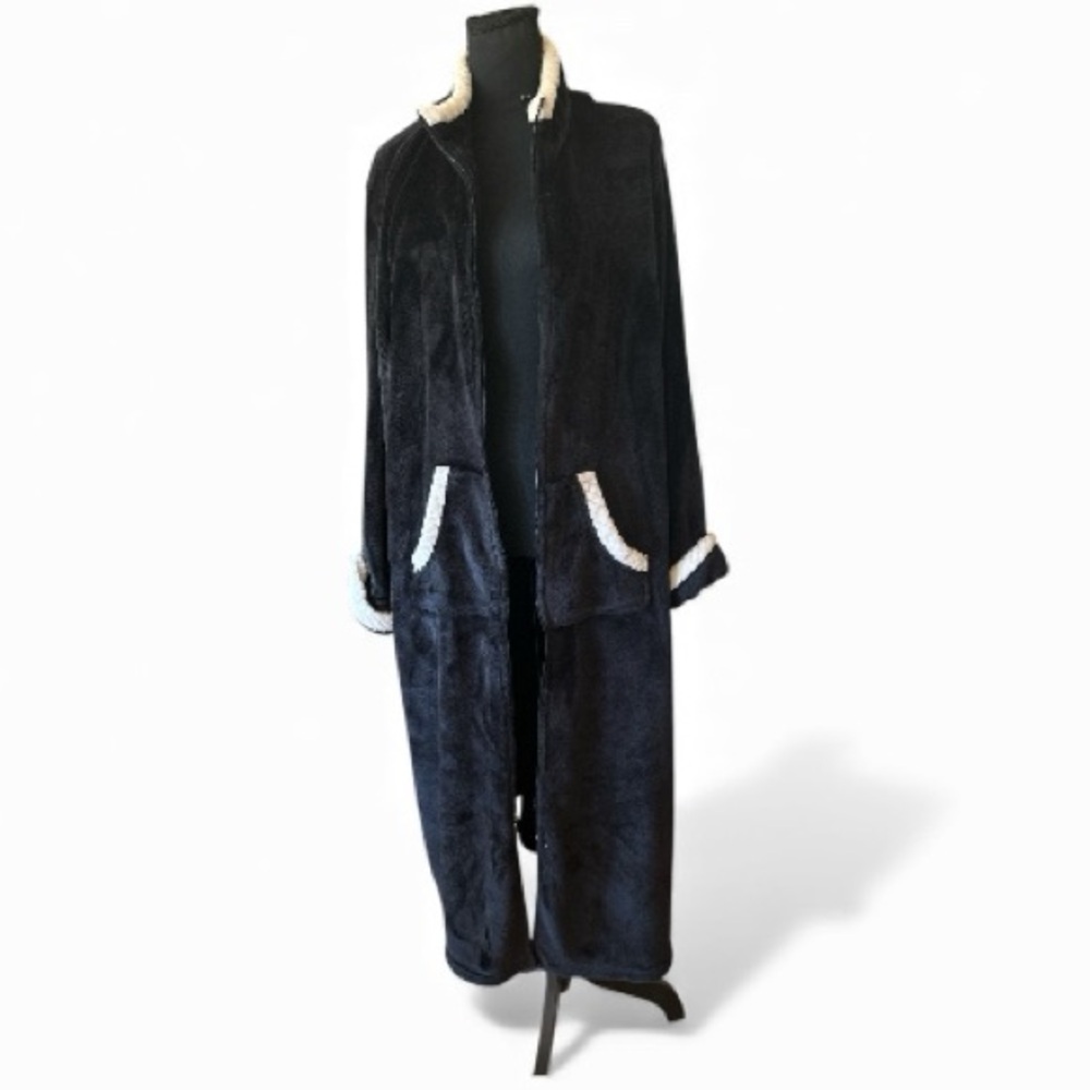 MISS ELAINE Plush Black Maxi Fleece Robe Full Front Zip White Rope Trim Size XL - Picture 5 of 13